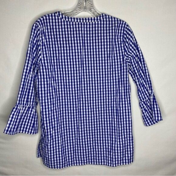 Avon Signature Collection Blue White Gingham Plaid Floral Embroidered V Neck S - Picture 9 of 11